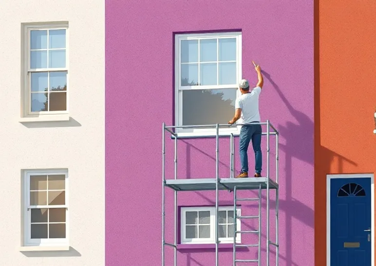 Peintre sur échafaudage traitant la façade d'une maison